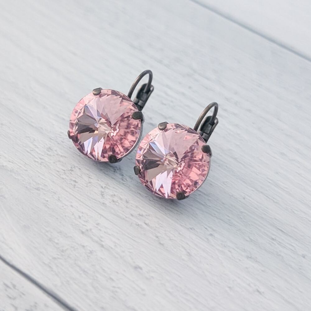 Pink Gem Lever Back Earrings Brown Metal - Gem A Bit Over 0.5"